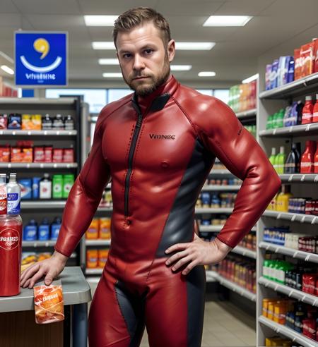 scuba a young viking beard man in a red scuba wetsuit, handsome, portrait photo, convenience store PHAY.jpg